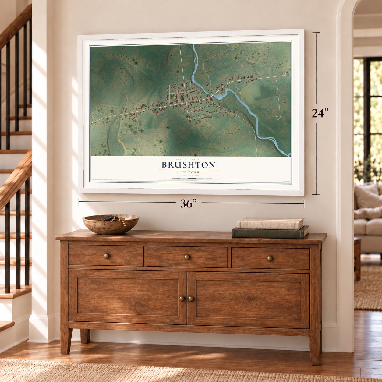 Brushton, New York map, 24 x 36 inch print in a white frame above a dresser by a staircase