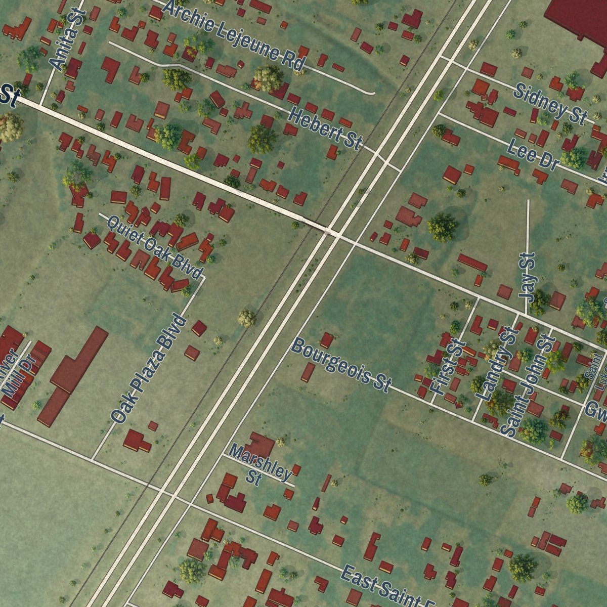 Second close-up of the map of Brusly, Louisiana print showing more streets and buildings