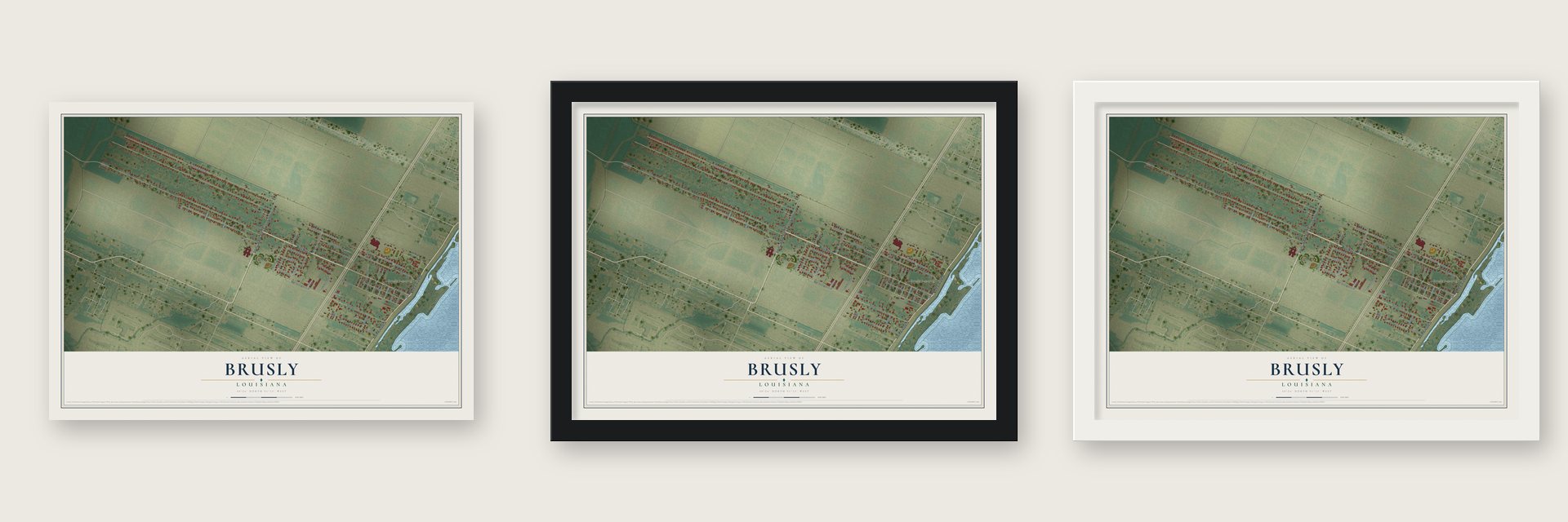Brusly, Louisiana map unframed, in a black wood frame and in a white wood frame