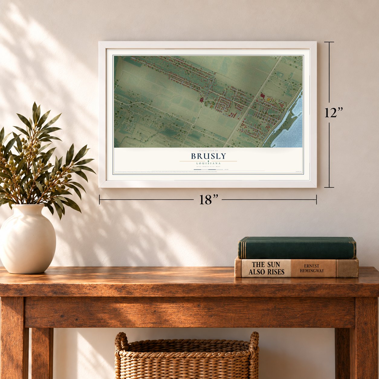 Brusly, Louisiana map, 12 x 18 inch print in a white frame in an entryway