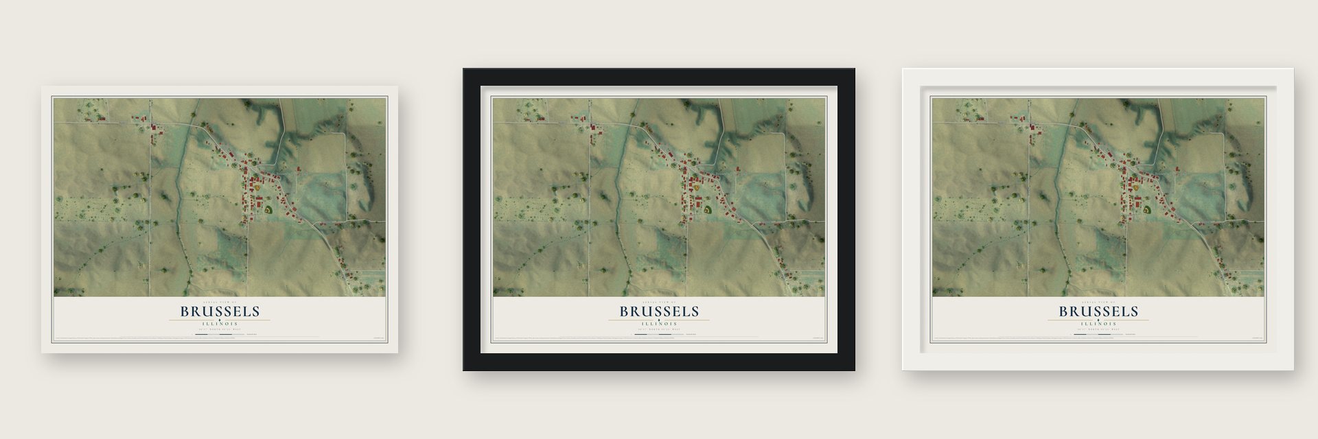 Brussels, Illinois map unframed, in a black wood frame and in a white wood frame