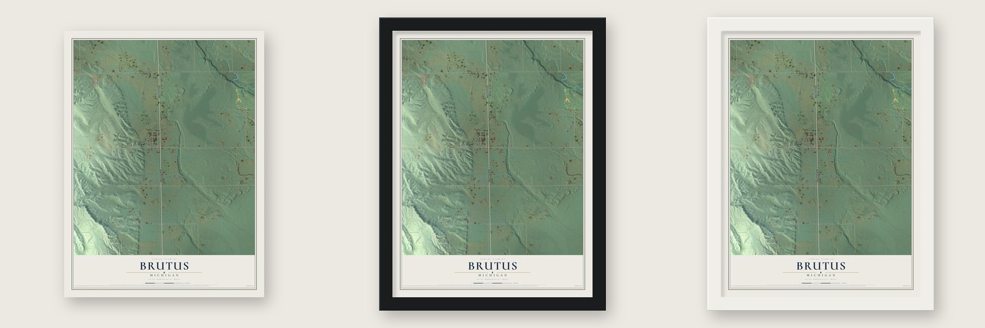 Brutus, Michigan map unframed, in a black wood frame and in a white wood frame