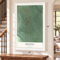 Brutus, Michigan map, 24 x 36 inch print in a white frame by a staircase