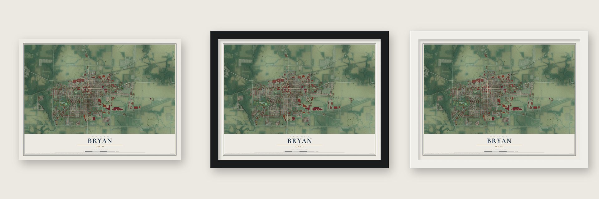Bryan, Ohio map unframed, in a black wood frame and in a white wood frame