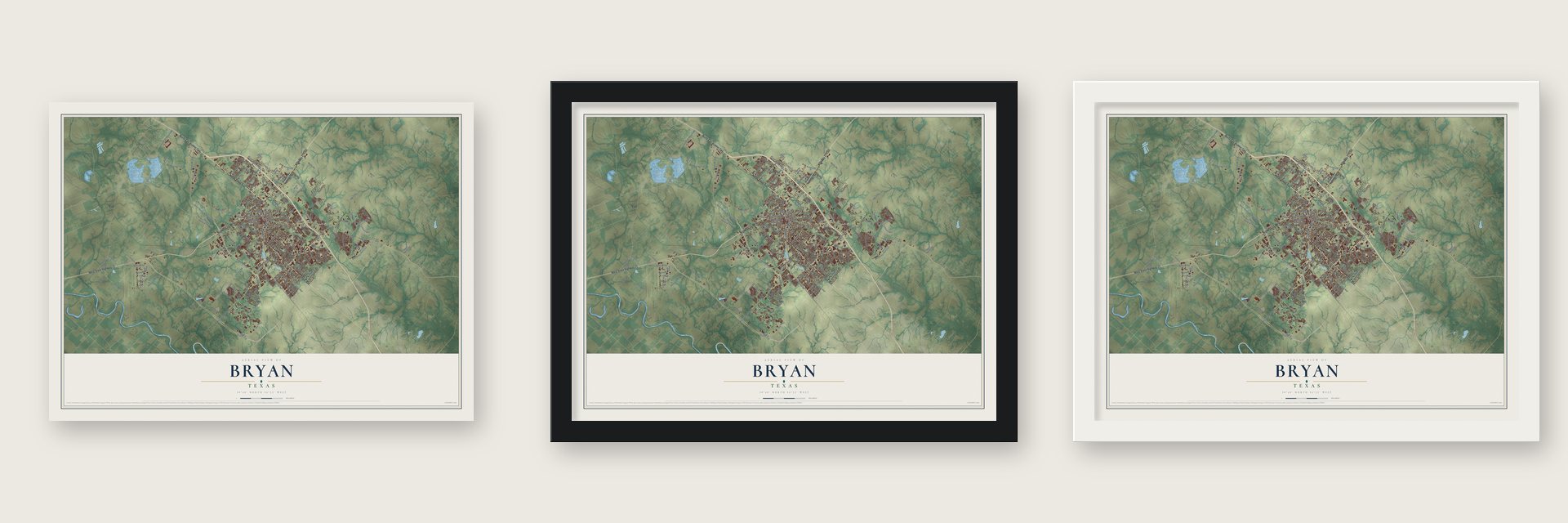 Bryan, Texas map unframed, in a black wood frame and in a white wood frame