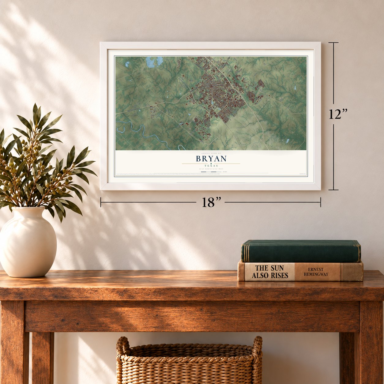 Bryan, Texas map, 12 x 18 inch print in a white frame in an entryway