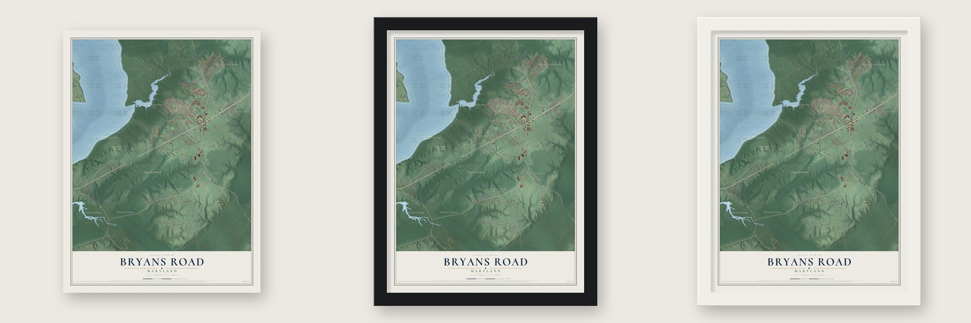 Bryans Road, Maryland map unframed, in a black wood frame and in a white wood frame