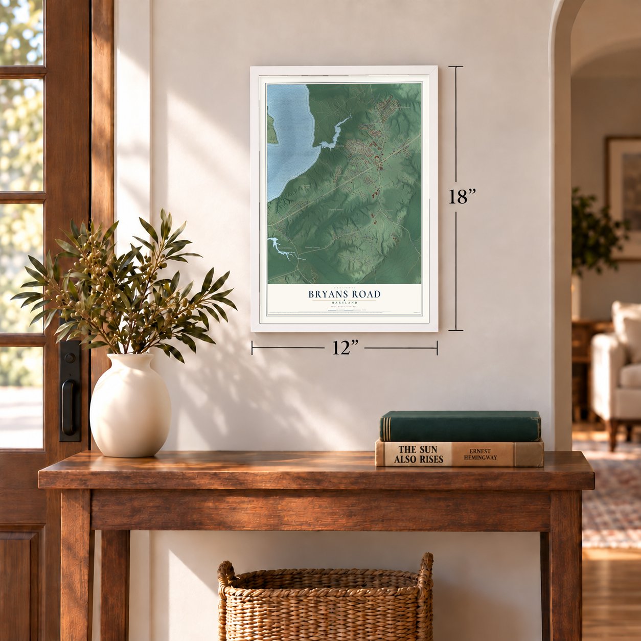 Bryans Road, Maryland map, 12 x 18 inch print in a white frame in an entryway