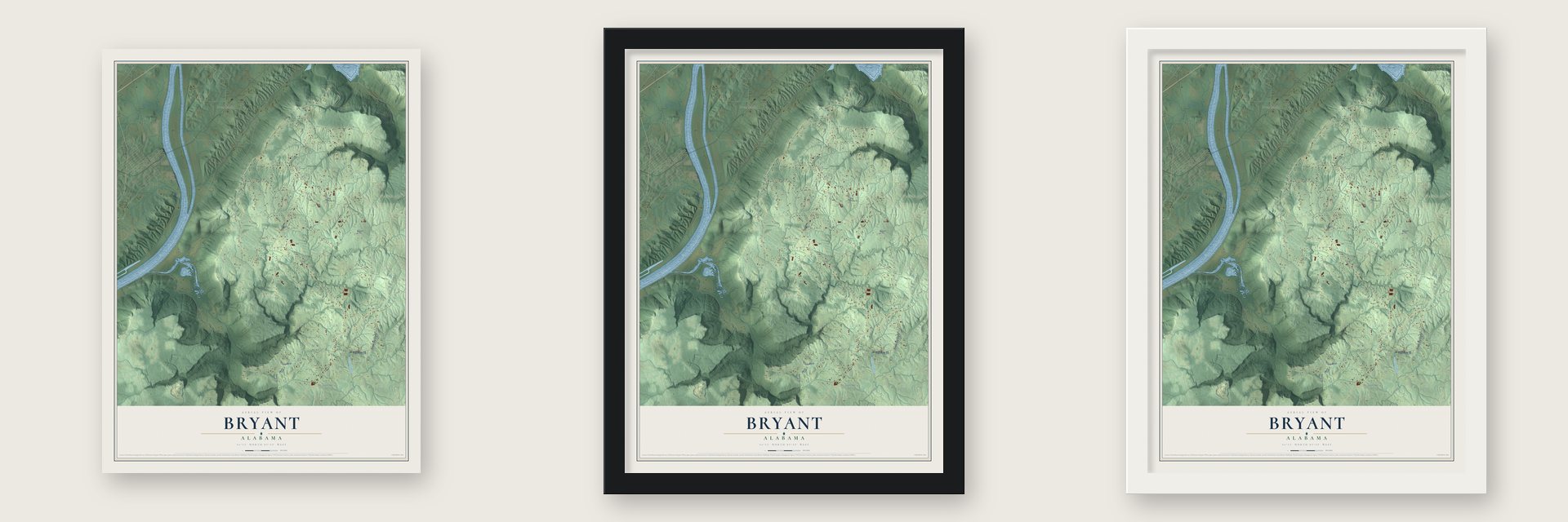 Bryant, Alabama map unframed, in a black wood frame and in a white wood frame