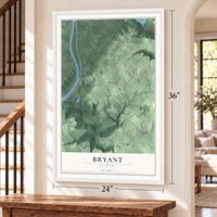 Bryant, Alabama map, 24 x 36 inch print in a white frame by a staircase