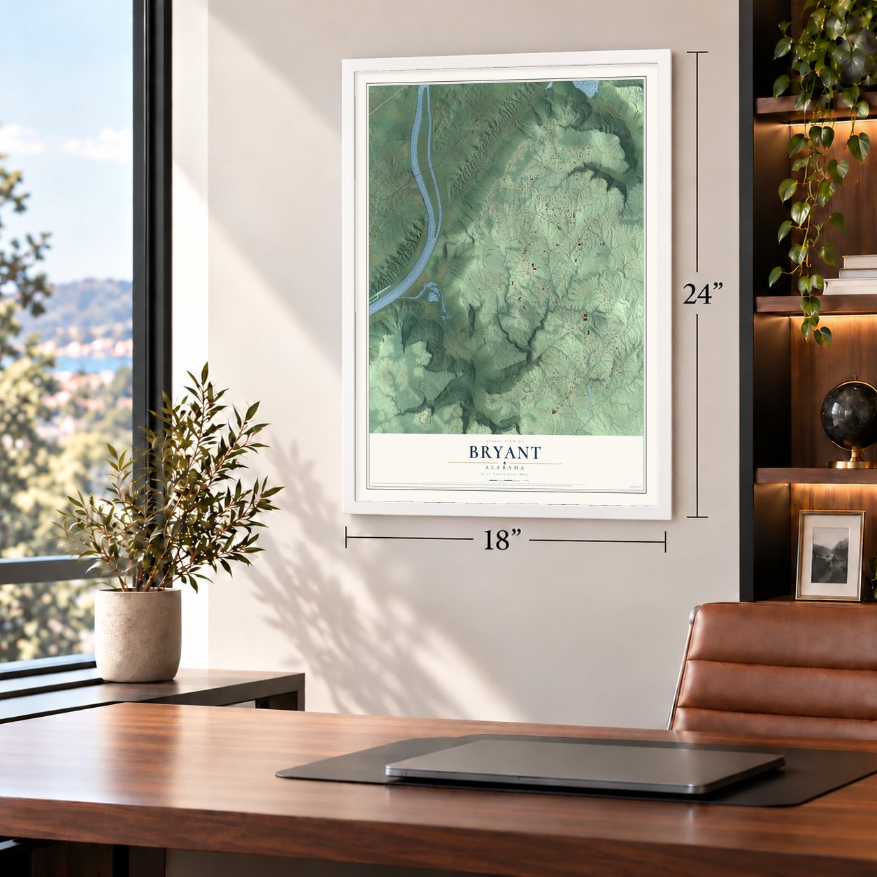 Bryant, Alabama map, 18 x 24 inch print in a white frame in a home office