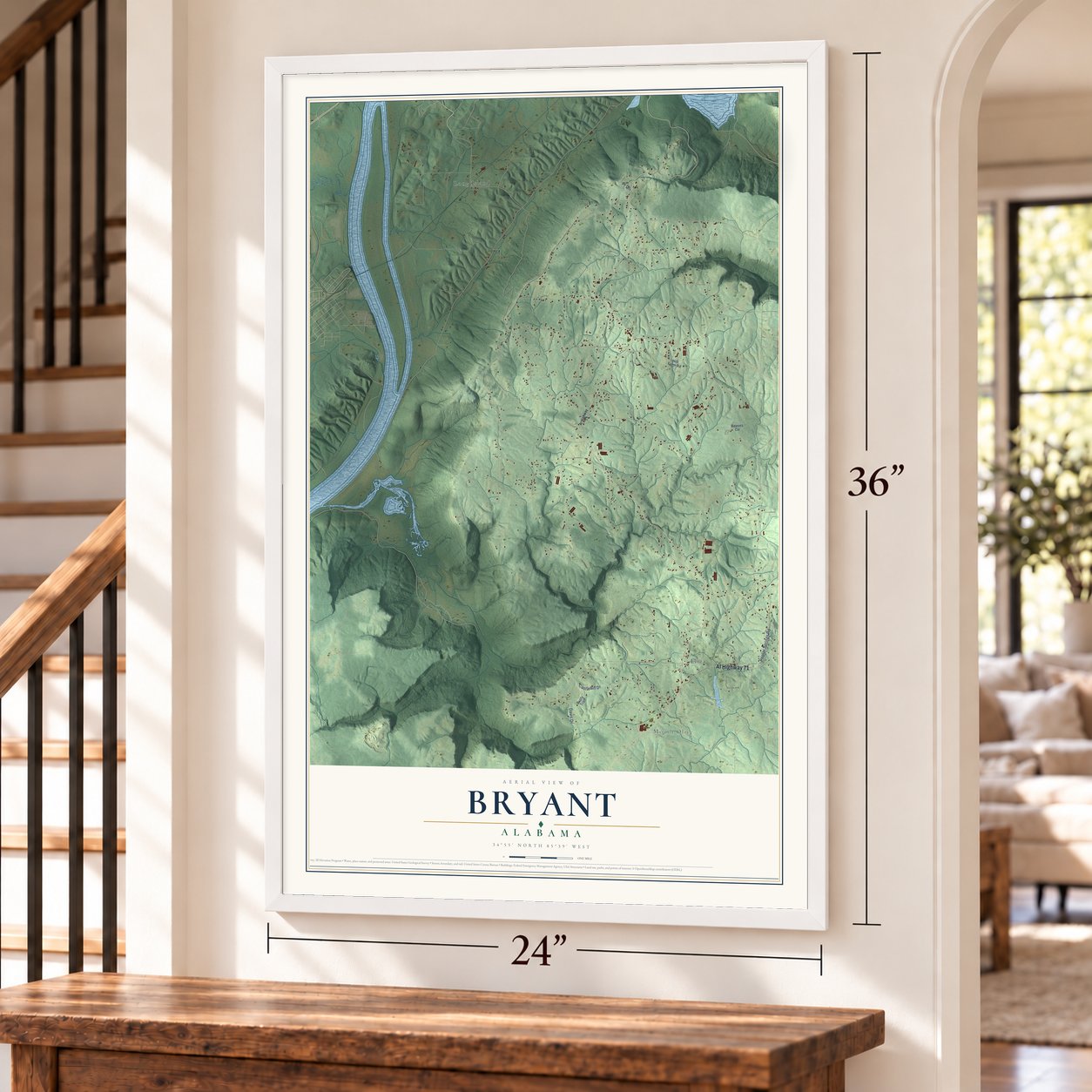 Bryant, Alabama map, 24 x 36 inch print in a white frame by a staircase