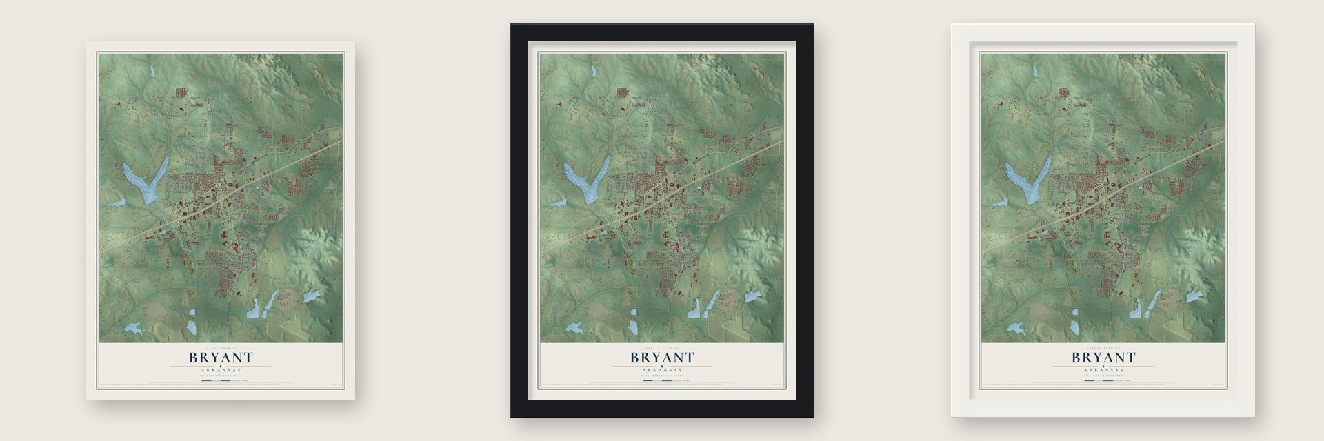 Bryant, Arkansas map unframed, in a black wood frame and in a white wood frame