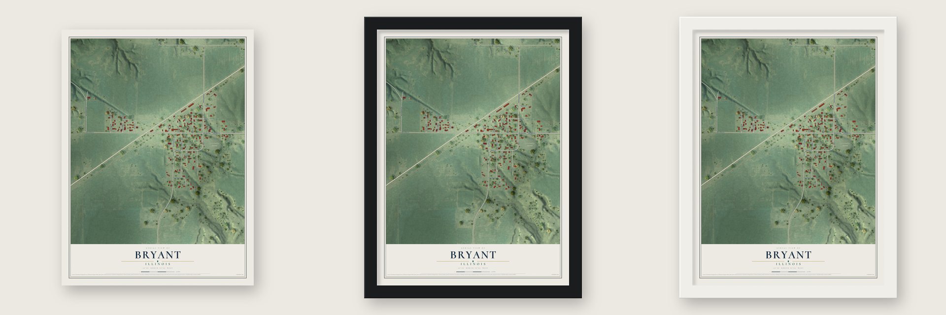 Bryant, Illinois map unframed, in a black wood frame and in a white wood frame
