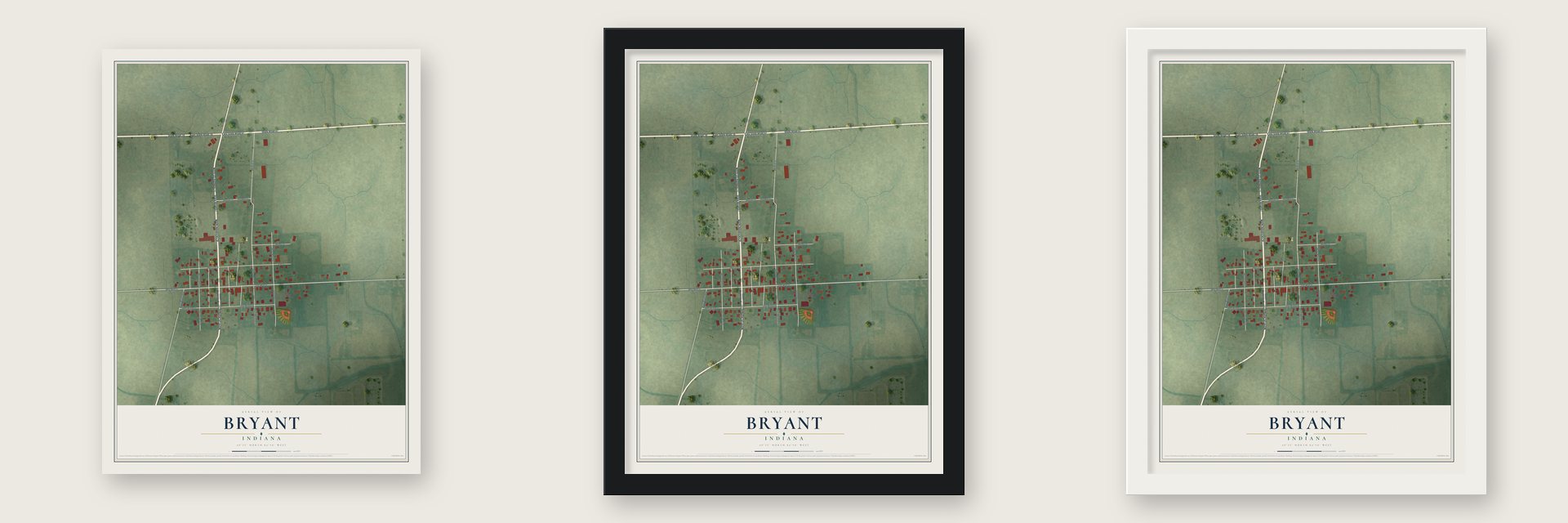Bryant, Indiana map unframed, in a black wood frame and in a white wood frame