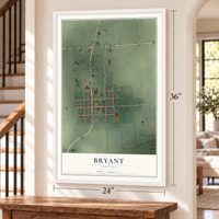 Bryant, Indiana map, 24 x 36 inch print in a white frame by a staircase