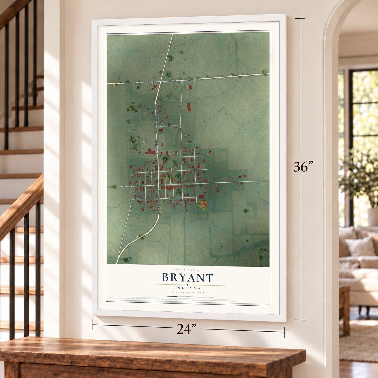 Bryant, Indiana map, 24 x 36 inch print in a white frame by a staircase