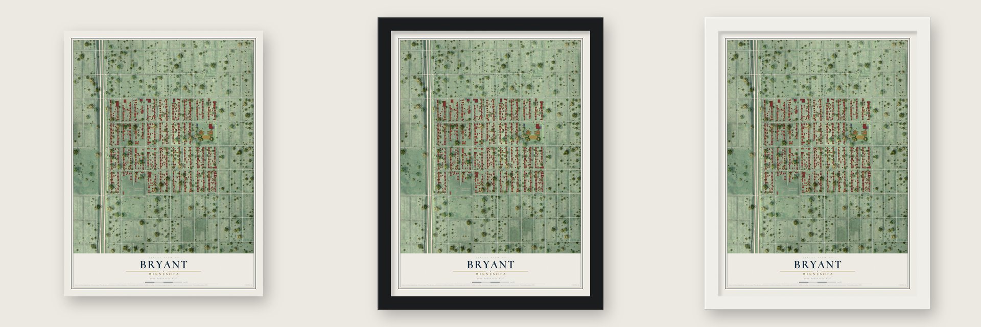 Bryant, Minnesota map unframed, in a black wood frame and in a white wood frame