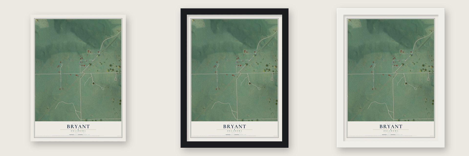 Bryant, Oklahoma map unframed, in a black wood frame and in a white wood frame