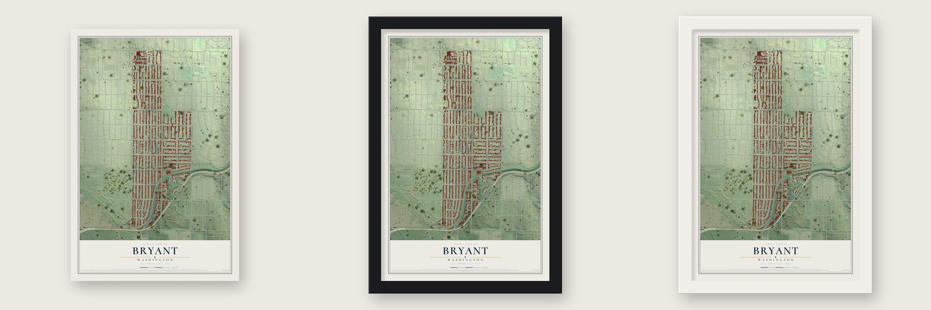 Bryant, Seattle, Washington map unframed, in a black wood frame and in a white wood frame