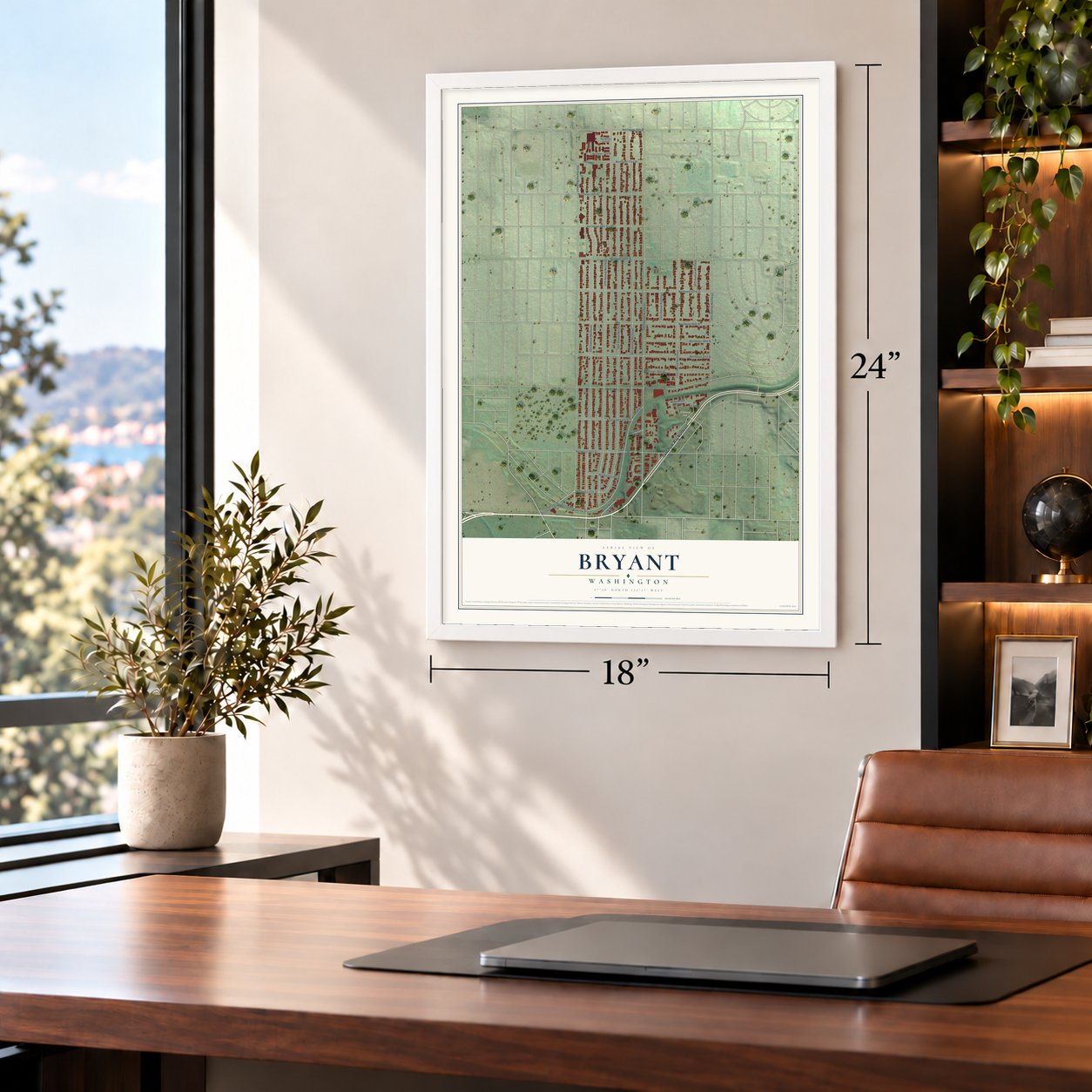 Bryant, Seattle, Washington map, 18 x 24 inch print in a white frame in a home office