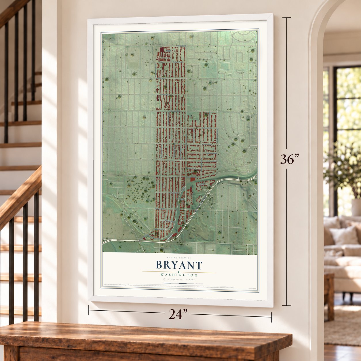 Bryant, Seattle, Washington map, 24 x 36 inch print in a white frame by a staircase