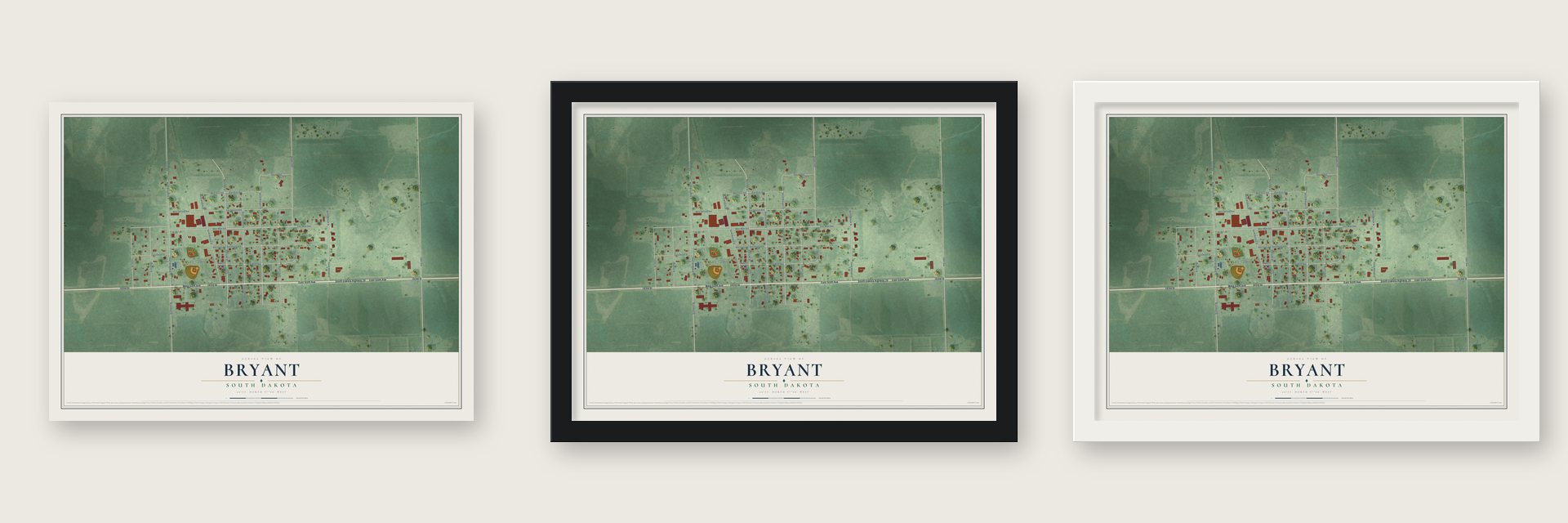 Bryant, South Dakota map unframed, in a black wood frame and in a white wood frame