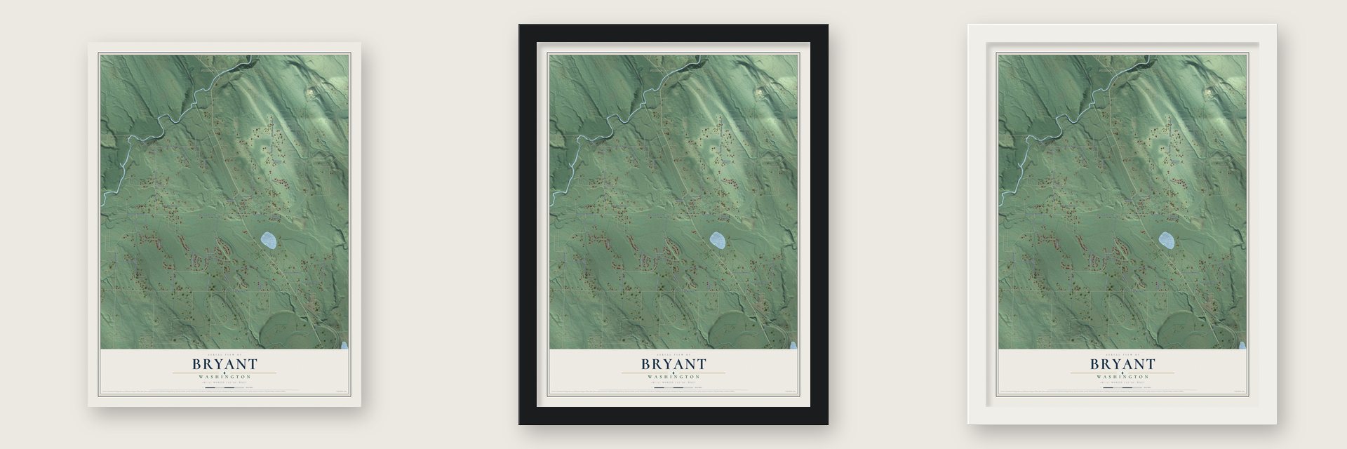 Bryant, Washington map unframed, in a black wood frame and in a white wood frame