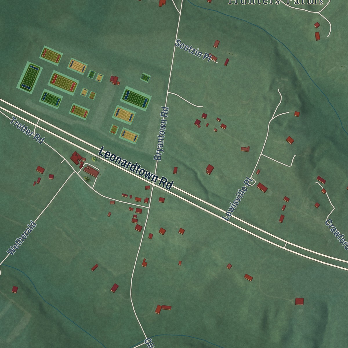 Second close-up of the map of Bryantown, Maryland print showing more streets and buildings