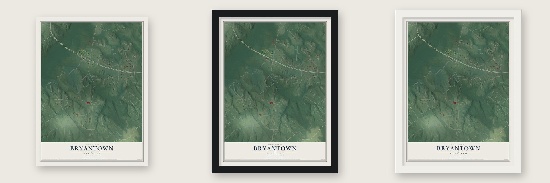 Bryantown, Maryland map unframed, in a black wood frame and in a white wood frame
