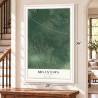 Bryantown, Maryland map, 24 x 36 inch print in a white frame by a staircase