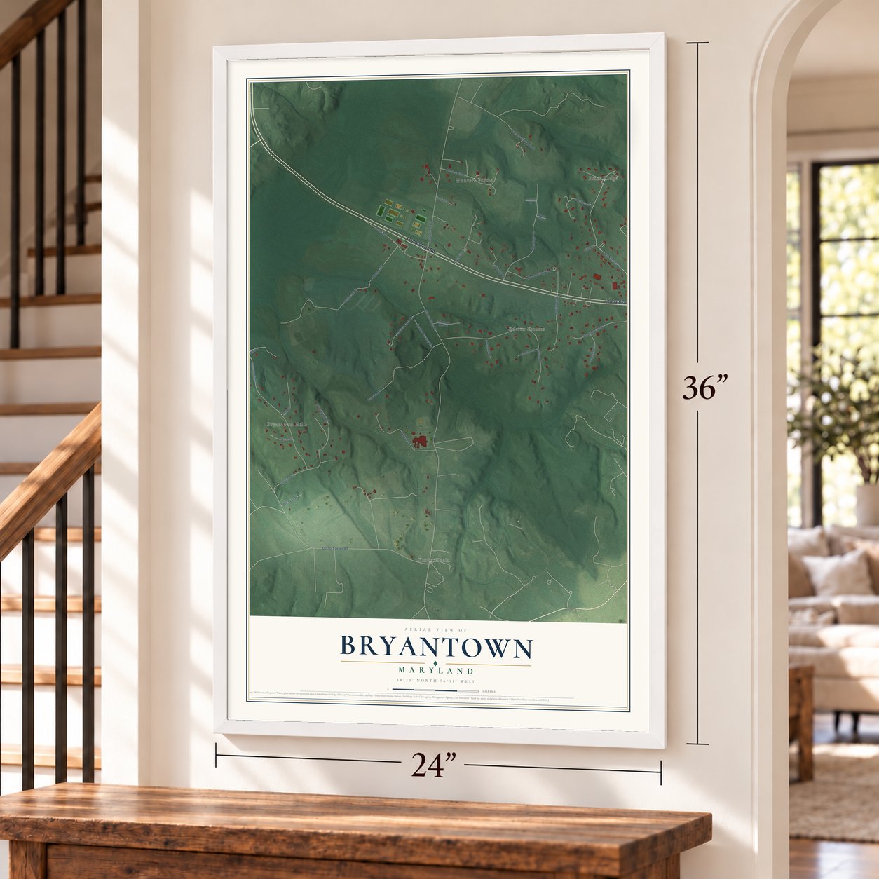 Bryantown, Maryland map, 24 x 36 inch print in a white frame by a staircase