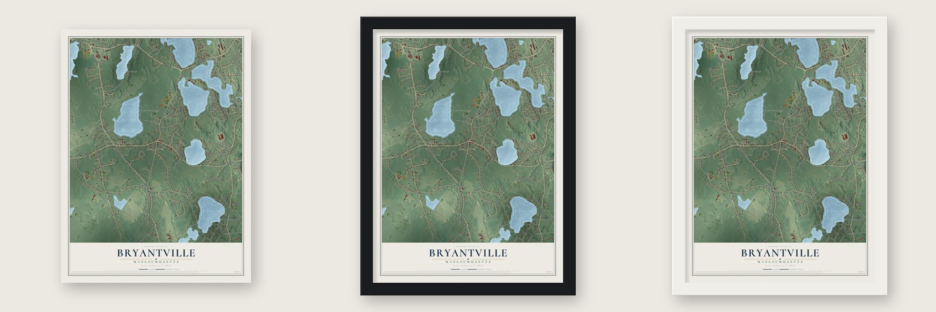 Bryantville, Massachusetts map unframed, in a black wood frame and in a white wood frame