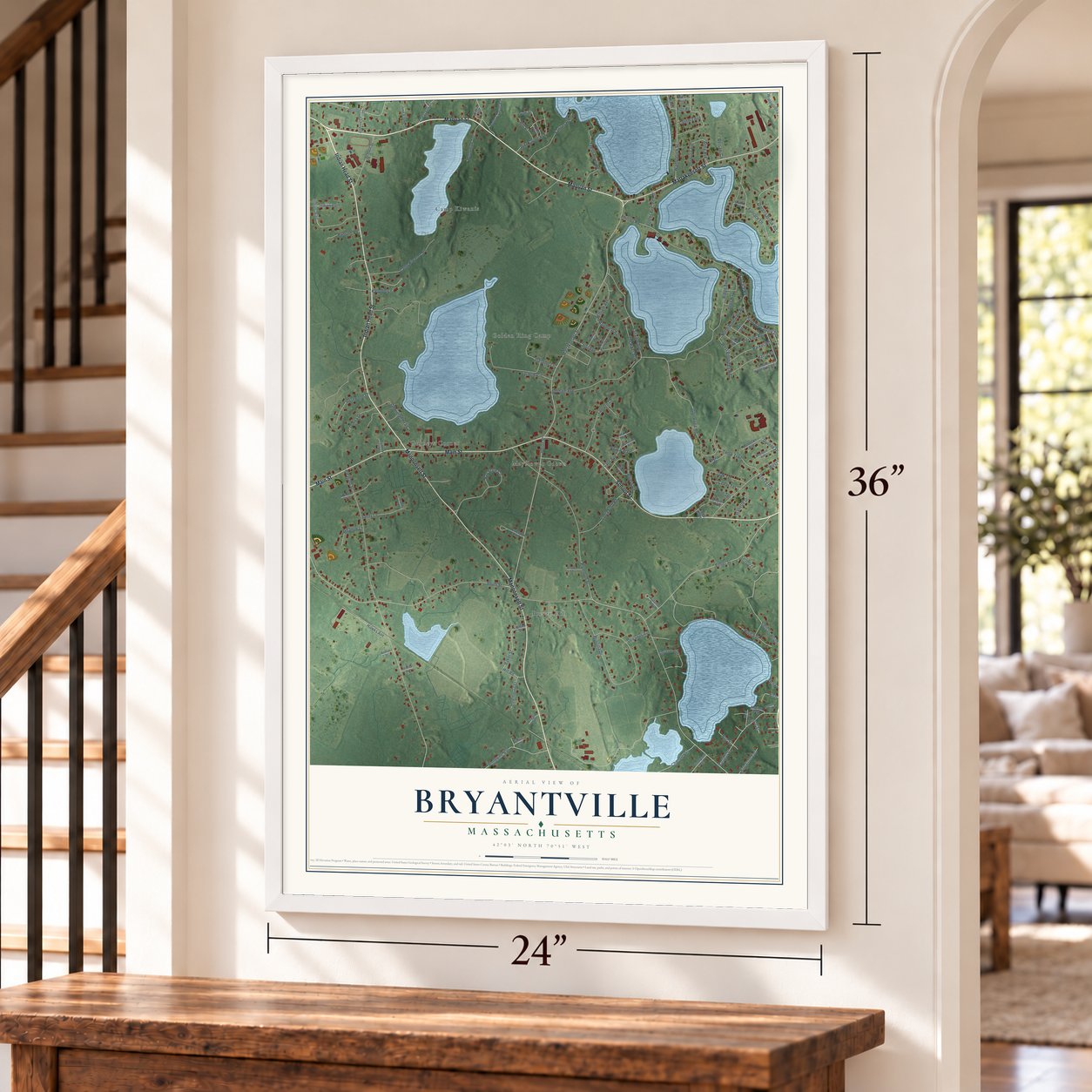 Bryantville, Massachusetts map, 24 x 36 inch print in a white frame by a staircase
