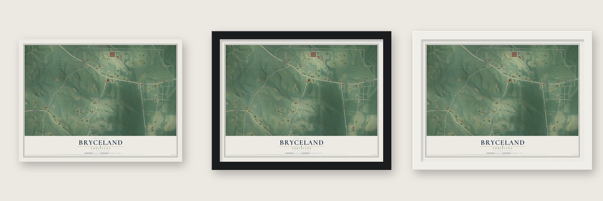 Bryceland, Louisiana map unframed, in a black wood frame and in a white wood frame