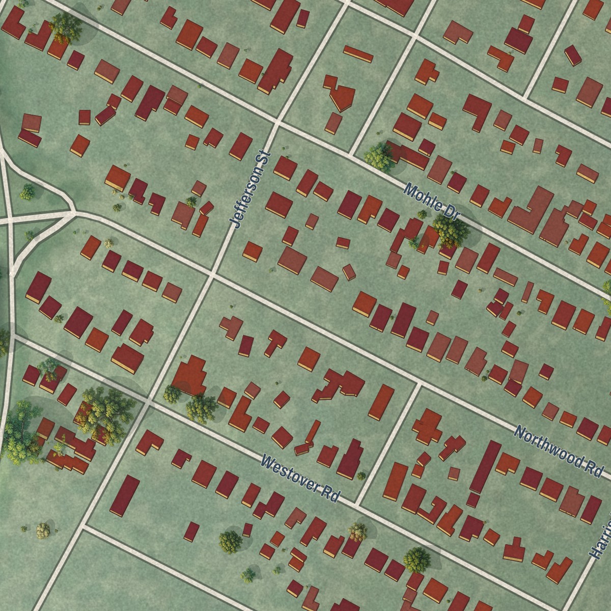 Second close-up of the map of Bryker Woods, Texas print showing more streets and buildings