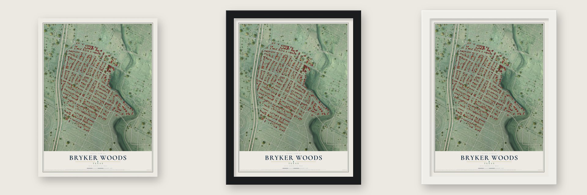 Bryker Woods, Texas map unframed, in a black wood frame and in a white wood frame