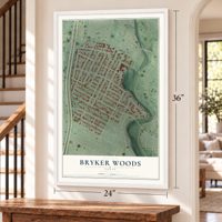 Bryker Woods, Texas map, 24 x 36 inch print in a white frame by a staircase