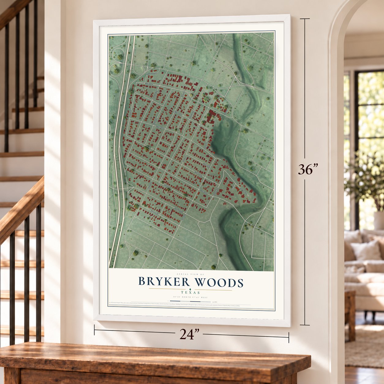 Bryker Woods, Texas map, 24 x 36 inch print in a white frame by a staircase
