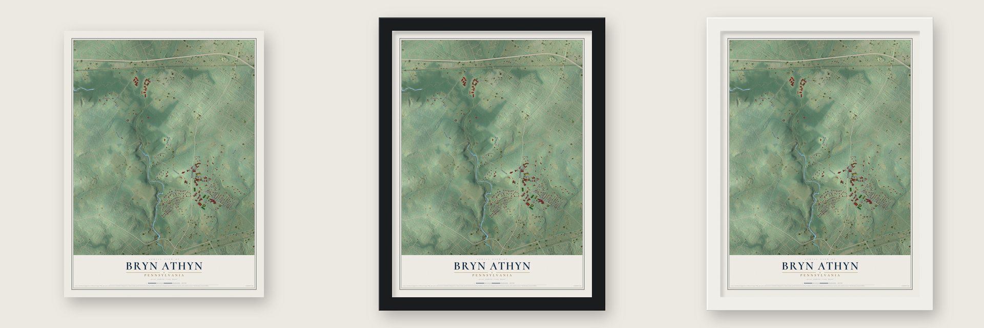 Bryn Athyn, Pennsylvania map unframed, in a black wood frame and in a white wood frame