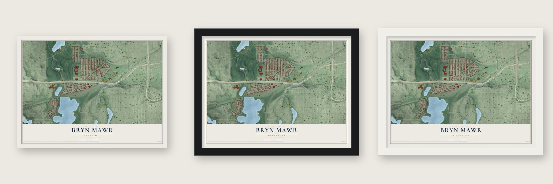Bryn Mawr, Minnesota map unframed, in a black wood frame and in a white wood frame