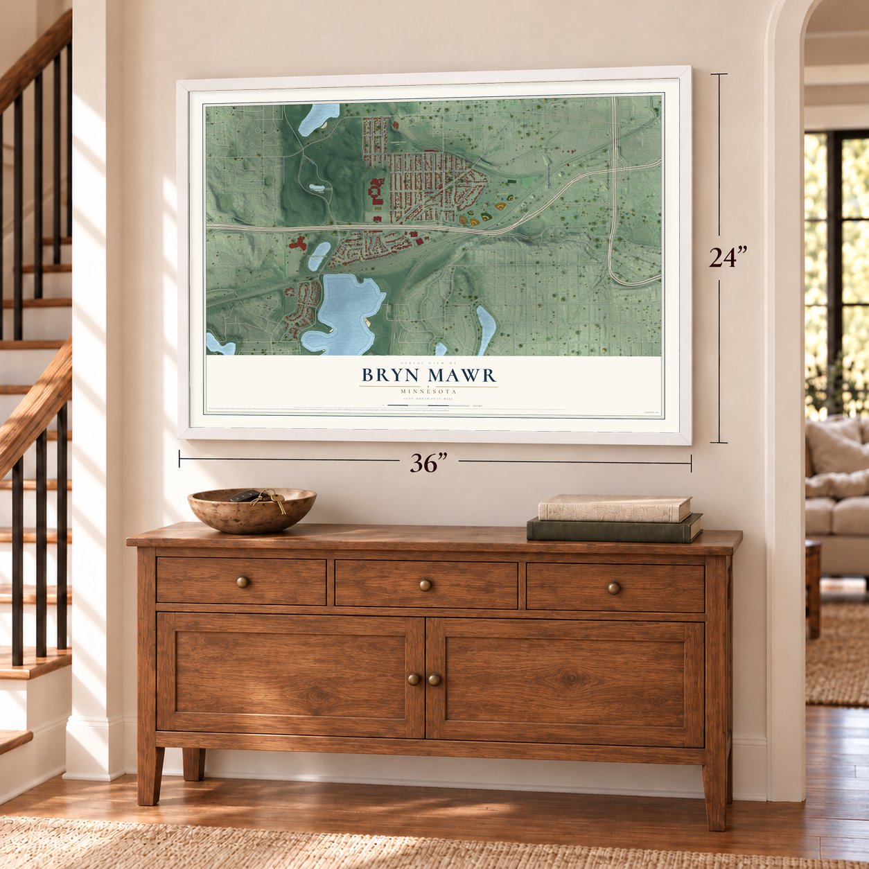 Bryn Mawr, Minnesota map, 24 x 36 inch print in a white frame above a dresser by a staircase