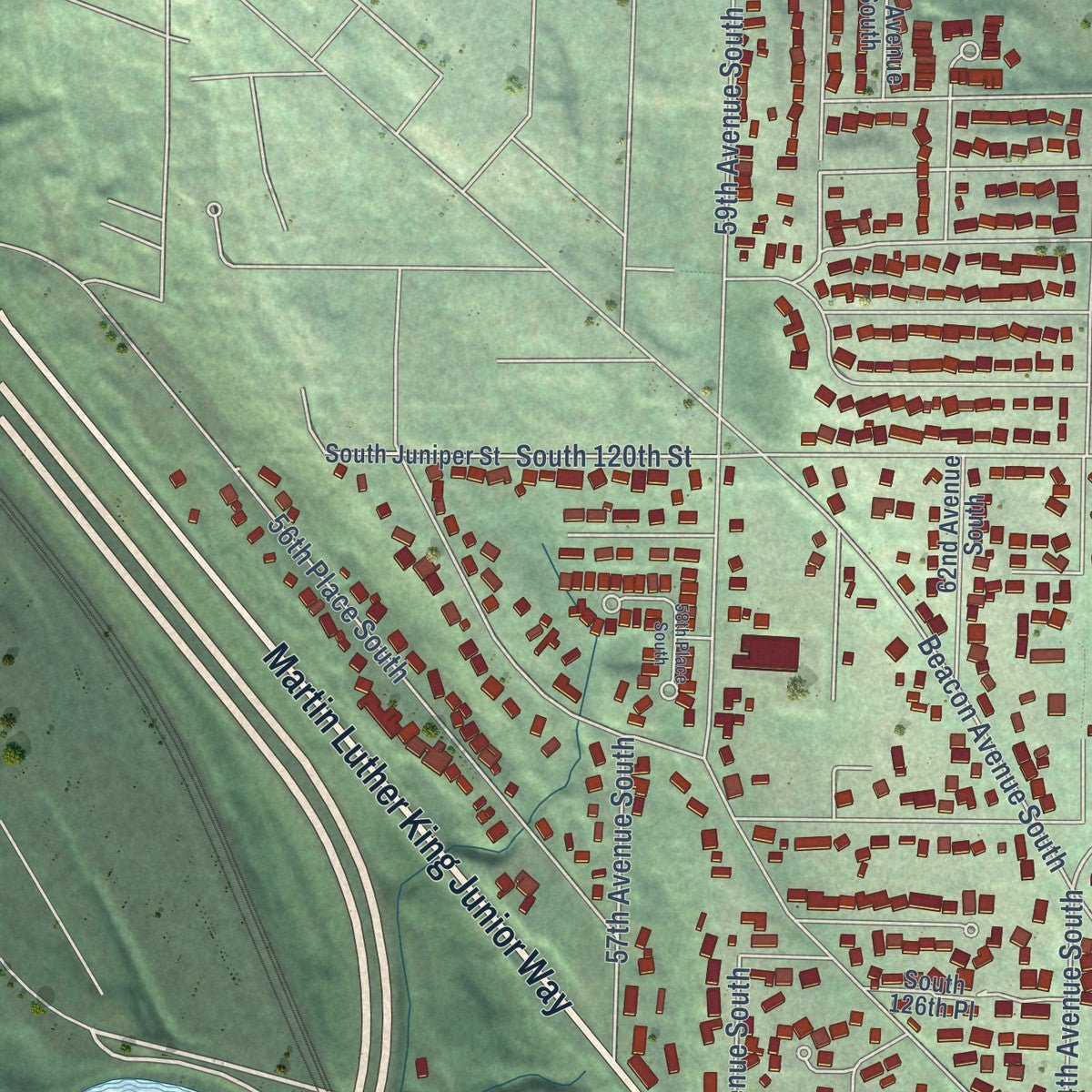 Second close-up of the map of Bryn Mawr-Skyway, Washington print showing more streets and buildings