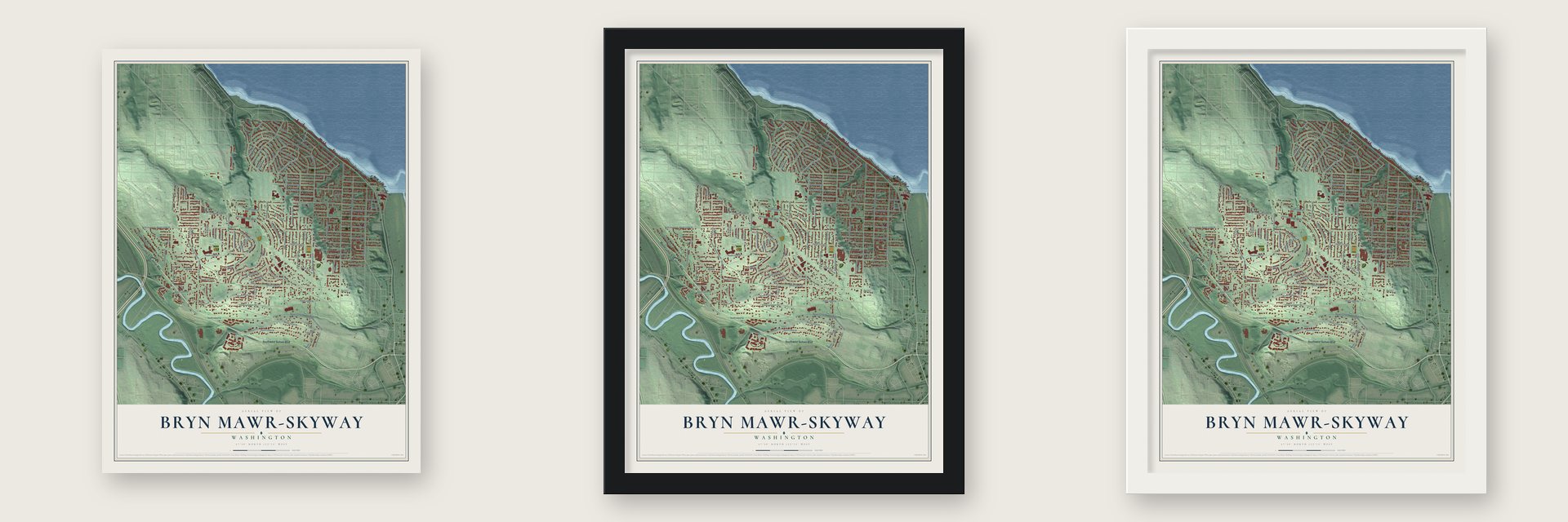 Bryn Mawr-Skyway, Washington map unframed, in a black wood frame and in a white wood frame
