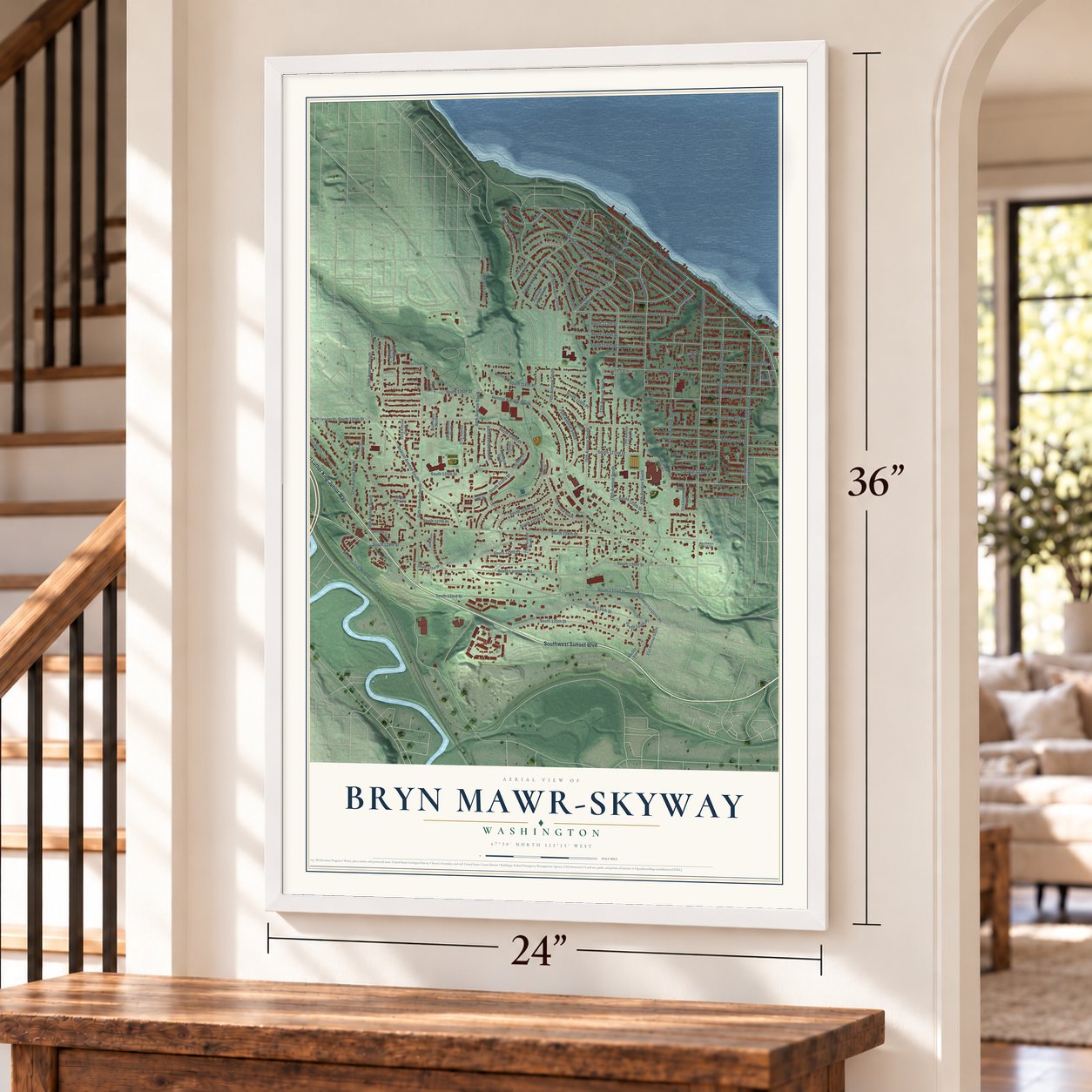 Bryn Mawr-Skyway, Washington map, 24 x 36 inch print in a white frame by a staircase