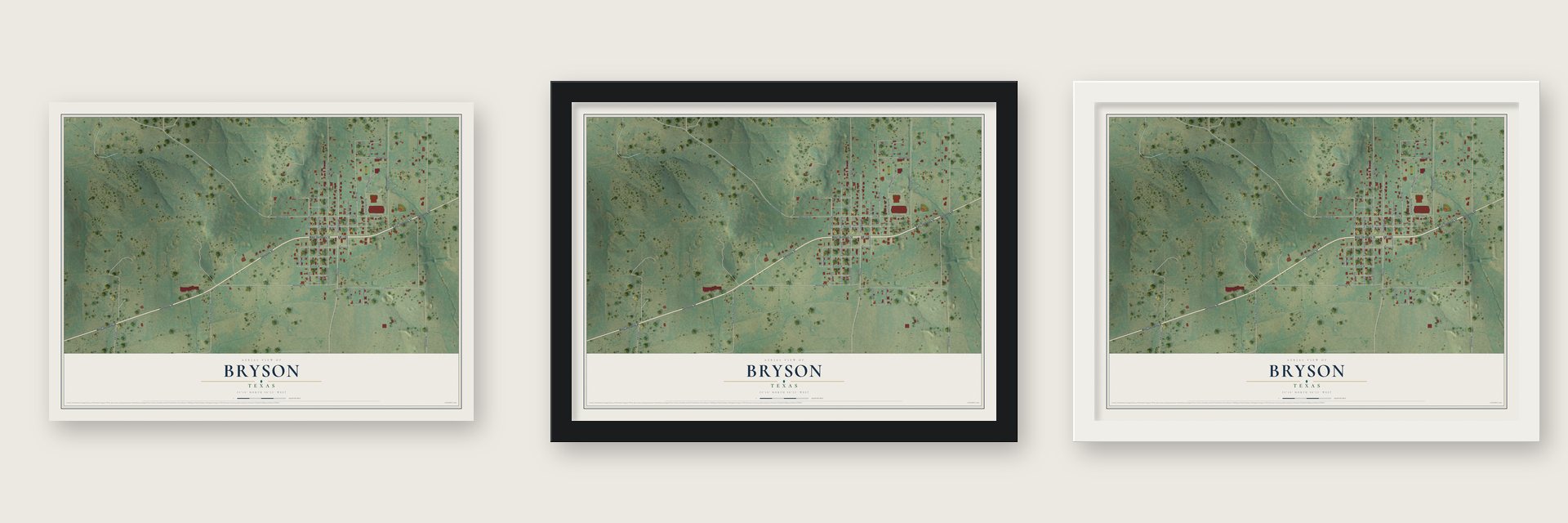 Bryson, Texas map unframed, in a black wood frame and in a white wood frame