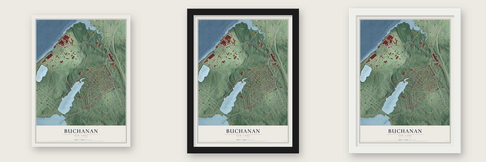 Buchanan, New York map unframed, in a black wood frame and in a white wood frame