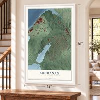 Buchanan, New York map, 24 x 36 inch print in a white frame by a staircase