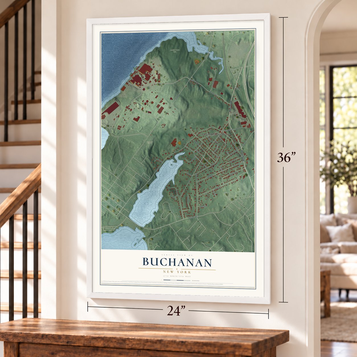Buchanan, New York map, 24 x 36 inch print in a white frame by a staircase
