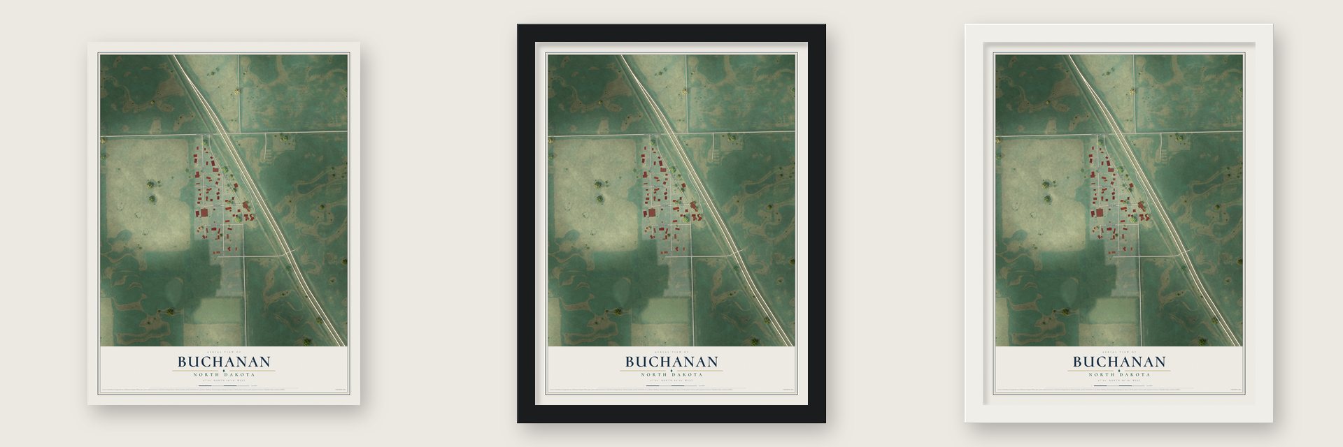 Buchanan, North Dakota map unframed, in a black wood frame and in a white wood frame